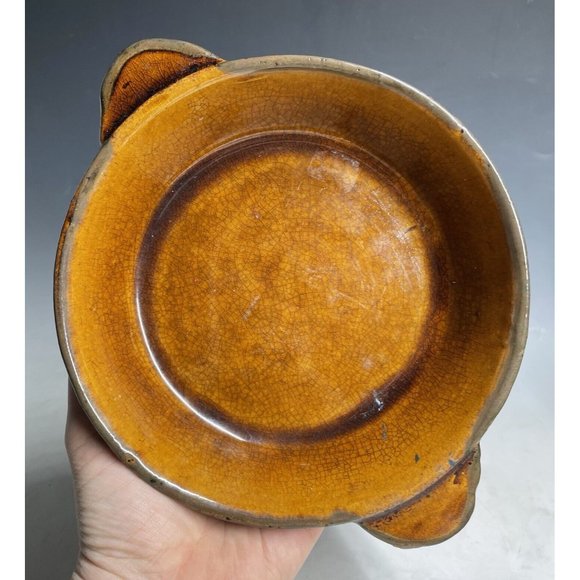 Antique Pottery Yellow Ware Glazed Handled Pie Plate Pan Primitive Glazed Rustic - Picture 13 of 16